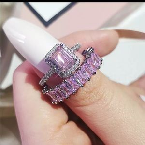 New silver pink ring eternity band